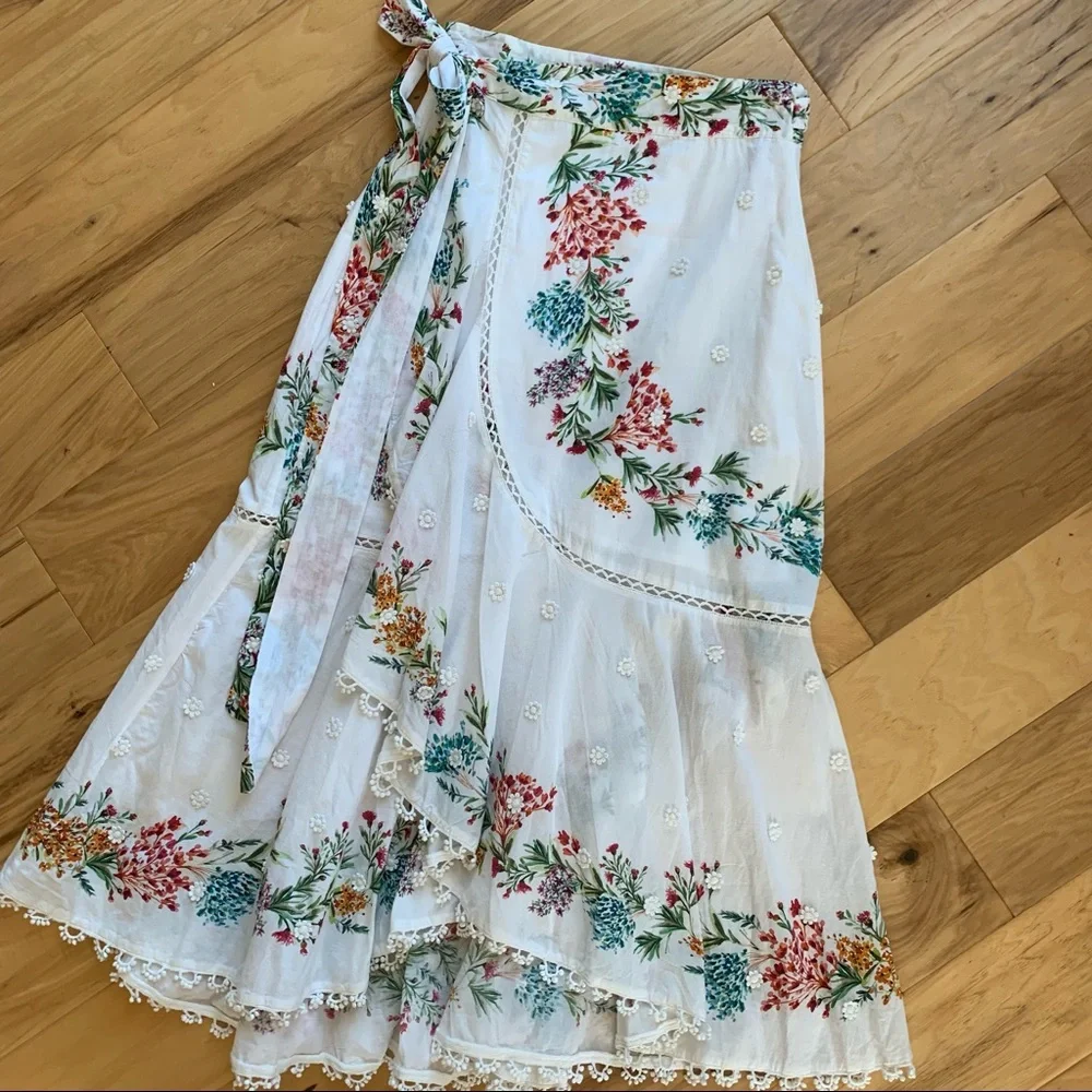 Farm Rio Sz S Louise Wrap Skirt White Floral Midi Ruffle Botanical Print Cotton - Picture 4 of 12